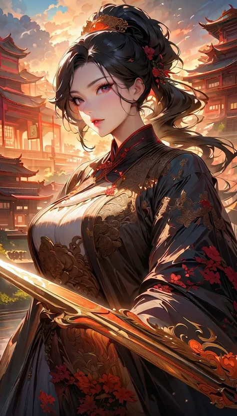 (best quality,4k,8k,highres,masterpiece:1.2),ultra-detailed,realistic,physically-based rendering,professional,vivid colors,bokeh,portrait,landscape,studio lighting,HDR,UHD,sharp focus  
A Chinese female swordswoman(China:1.1,Chinese:1.1,female:1.1) is prac...