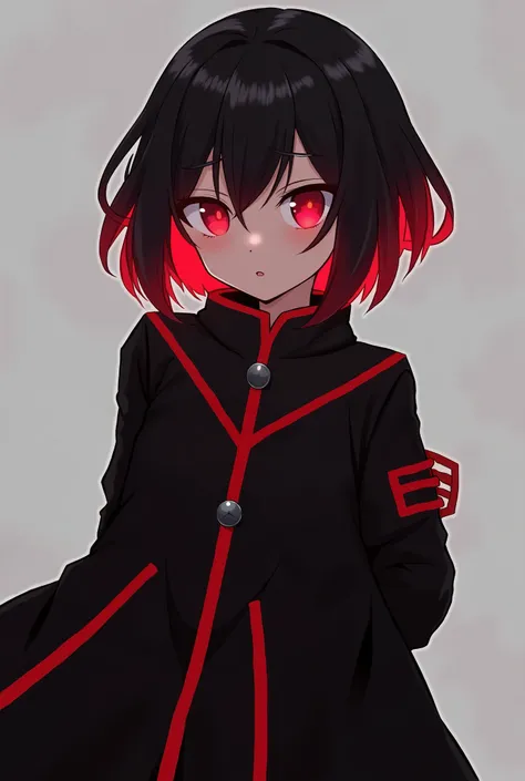  girl with short hair up to the neck color black with red tips, Ojos rojos, black coat with red lines , anime (Chara style by Undertale ) Random background 