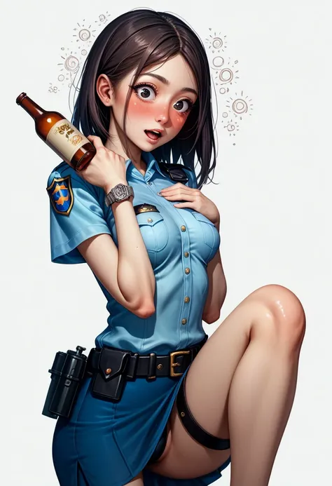    High resolution image ,   top quality , ((A beautiful Japanese girl１Please describe a person :1.5)),((skinny body:1.0)),((Drunk:1.2)), real skin , small breasts,   shiny hair ,  Super Detailed Black Eyes  ,   simple background,(( Equipped Police Belt  )...