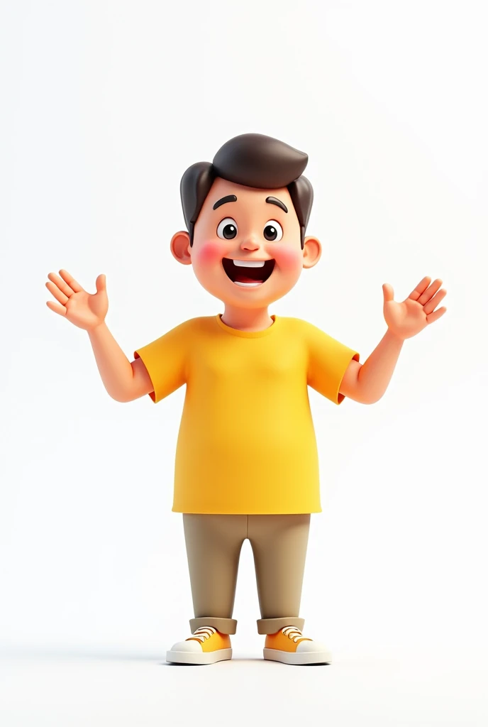  3d cartoon of a man in front wearing a plain yellow short-sleeved blouse, waving with his left hand and with his right arm stretched down , on a white background