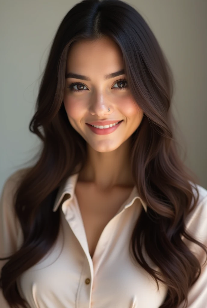 Create a photo of a beautiful young brunette woman with straight and long hair who is wearing a fitted blouse with a neckline the woman is smiling 