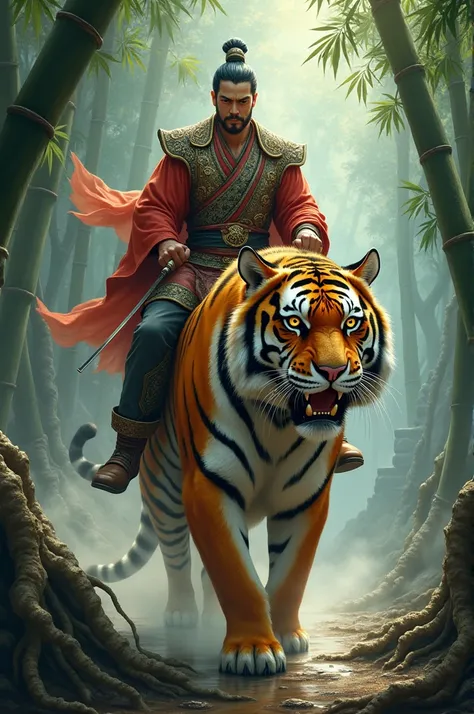 Asian  man riding a tiger