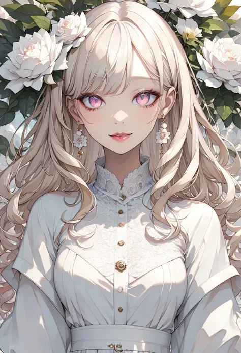  1 girl, whole body,Illustration, ( top quality), (Ultra_  Details),  detailed、 long hair,,  Watch viewers,Smile, 、 with pinkish lips、 white blonde 、 charming eyes、clear pink eyes、White clothes、Stylish、A dress that seems easy to move around in 、 adult-like...