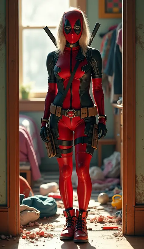 (photorealism: 1.2), a 30 year old young woman wearing a lady deadpool costume. standing in front of the door of the room .  background is inside a dirty and messy room ,  lots of clothes and toys strewn across the floor and bed.  Lighting like sunny and c...