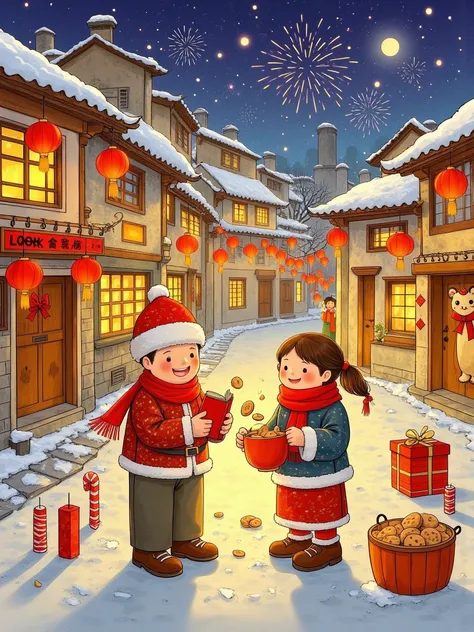 (masterpiece),（ super detailed: 1.3）， Best Quality ， Sparkling，Fantasy Christmas World，( A Van Gogh style Christmas : 1.5), moon，( A snowy night in Christmas Town )，(( and ornaments in the middle of the picture ， A cute gingerbread man holding a book and a...