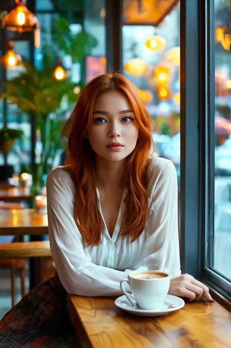 A stunning young thai-russian woman sitting gracefully in a chic modern cafe. medium breasts, blue eye, red hair,  She is wearing a white lace-accented blouse tucked into a plaid mini skirt. Her pose is elegant as she sips a cup of coffee, gazing thoughtfu...