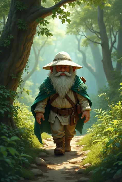 A dwarf in a white hat and a green cloak walks through the forest