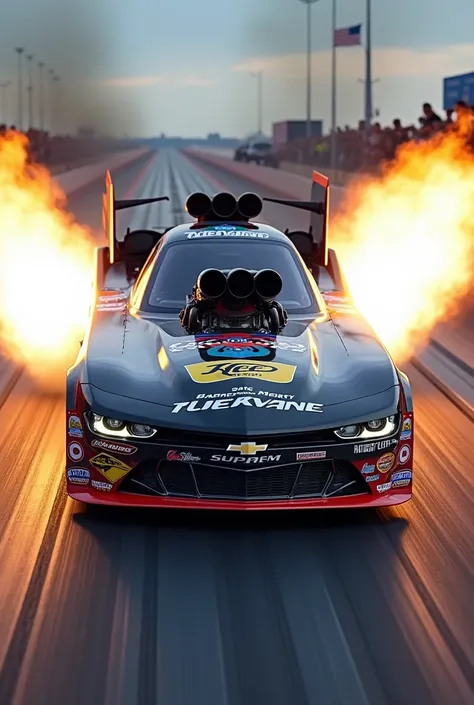 Create a Funny Car AI generated photo that’s 16x9 going down a dragstrip. Make the Funny Car look realistic to a 2024 Funny Car with flames coming out of the header flames. 

The car must have sponsors on it.   And be at least 2300 x 1300. Thanks