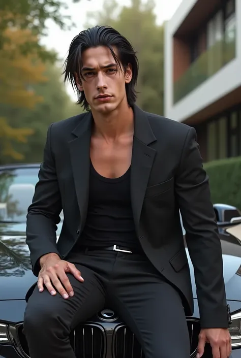 man, handsome, ,  on a BMW M4 Convertible, tank top negro,  black pants , Blazer Vinotinto ,  medium length black hair, full shot,   looking at the spectator ,  modern mansion behind, vegetasion behind ,  realistic , sexy, high resolution,  tall details, H...