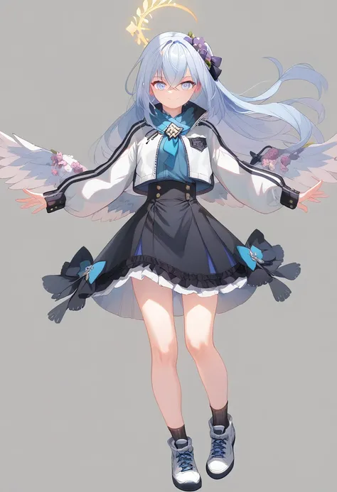 azusa_(blue_archive) absurdres highres 1girl alternate_costume black_skirt black_socks closed_mouth cross-laced_footwear crossed_bangs full_body grey_hair grey_jacket hair_between_eyes halo hands_up jacket layered_sleeves long_hair long_sleeves looking_at_...