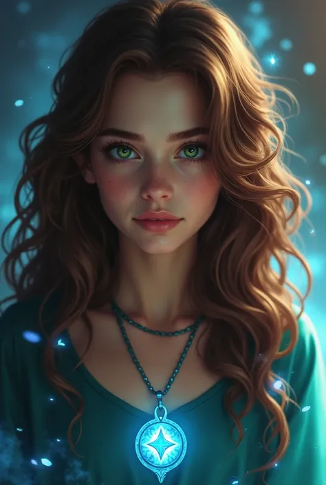  A young woman with wavy brown hair ,  with golden reflections that shine under light . intense green eyes,  full of curiosity and determination ,  but also marked by the weight of responsibility.  He wears a shiny pendant with an ancient symbol ,  which e...