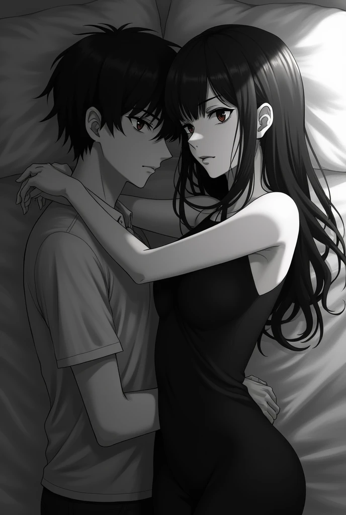 a anime pretty bangs girl and boy laying in bed wearing a black sexy dress and a shirt a boy and their both looking in front and fierce face with black and white world and enjoying
