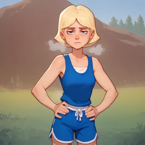 score_8_up, BREAK, JillSmith, 1girl, solo, short hair, blonde hair, blue eyes, blue tanktop,, blue shorts, cowboy shot, outdoors,  looking at viewer, hands on hips, out of breath, tired expression, sweaty