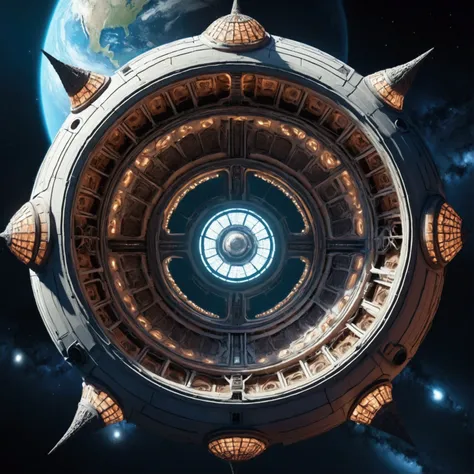 An alien space station orbits Earth, the space station is ancient with tentacle and viper stylings reminiscent of South American architecture, evil light glows from its core and out a few windows
