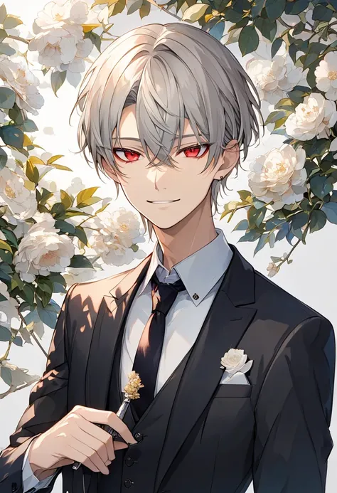  handsome、Alone, 1 male、 is facing here、 charming eyes、masterpiece,  top quality、Gray Hair、 red eyes、 has a young face、 gentle smile、Holding a knife、modern。suit。 white blonde 