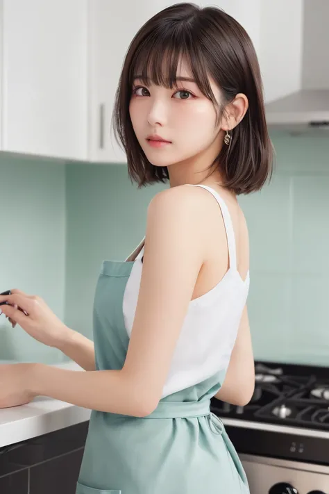 masterpiece,  top quality,  one woman, (Moss Green、 apron:1.2), Age 25、(RAW 写真 top quality), (reality, reality的:1.4),  sexy、iris、 very detailed eyes and face,  Beautiful Detailed Nose , beautiful eyes,  perfect anatomy 、 short haired 、bangs、 Brunette Hair ...