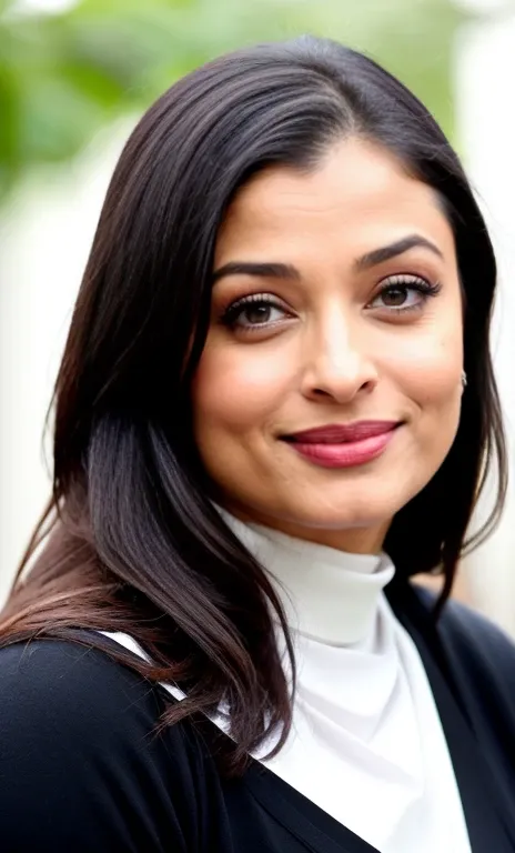 Aishwarya rai, likely in her 30s to 40s, of South Asian descent, is centrally positioned. She is wearing a traditional nuns habit: a simple, plain white, turtleneck-style top and a black head covering (wimple).  The woman is smiling gently, her facial expr...