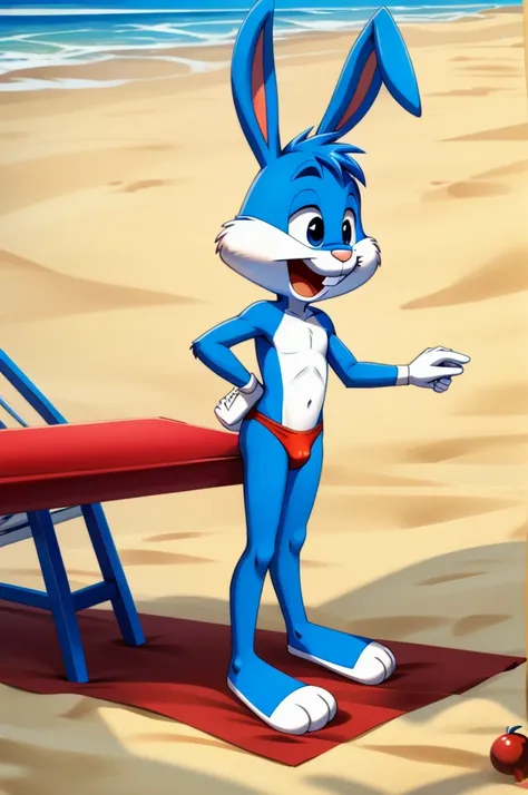 Cartoon rabbit guy full-length blue hair slim skinny in red lycra speedo on the beach with a happy face