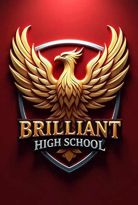 Make a logo for BRILLIANT HIGH SCHOOL that incorporates a phoenix mascot, prominently showcasing its shape. I desire a dynamic and unique design that deviates from a traditional round logo. The logo should feature the words BRILLIANT HIGH SCHOOL integrated...