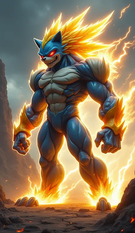 A monstrous hybrid fusion between Sonic and Goku 