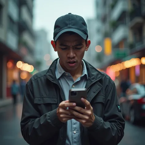 A young Malay man dressed in modern clothes and wearing a cap, holding a smartphone in one hand with an verry angry expression on his face. The scene is set outside on the street with a lively city backdrop, highlighting his emotional state in a hot and gl...