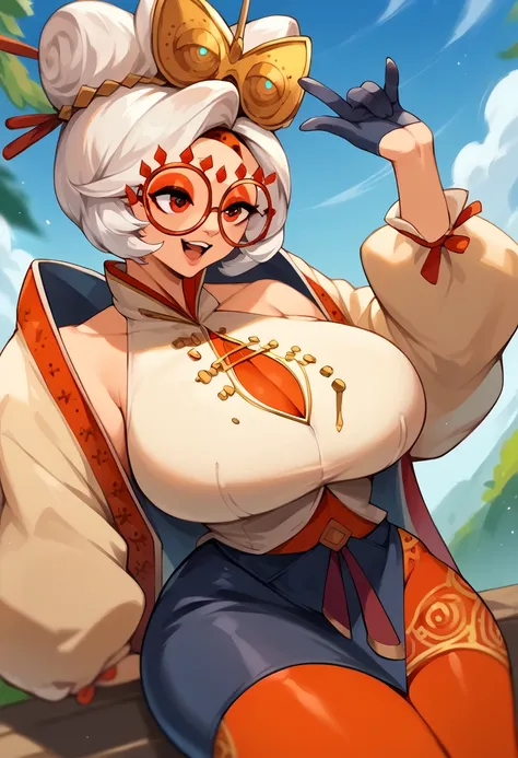 score_9, score_8_up, score_7_up, score_6_up, score_5_up, score_4_up, (source_anime), purah,
1girl,  huge breasts, narrow waist, thick thighs,  hair ornament, red headband, red glasses, sleeveless shirt, white coat, black skirt, red leggings, gloves, high h...