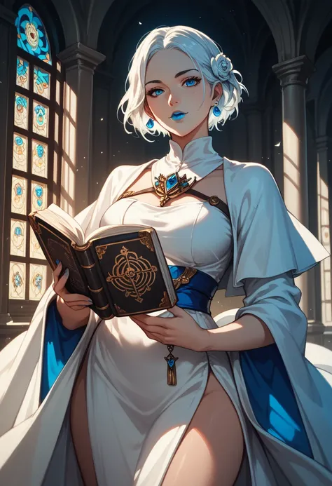 a beautiful woman with Short white hair and piercing blue eyes, holding an ancient book, a kitsune  dramatic lighting, vibrant colors, fantasy, anime style, blue lipstick, cowboy shot, white maiden robes, looking at viewer