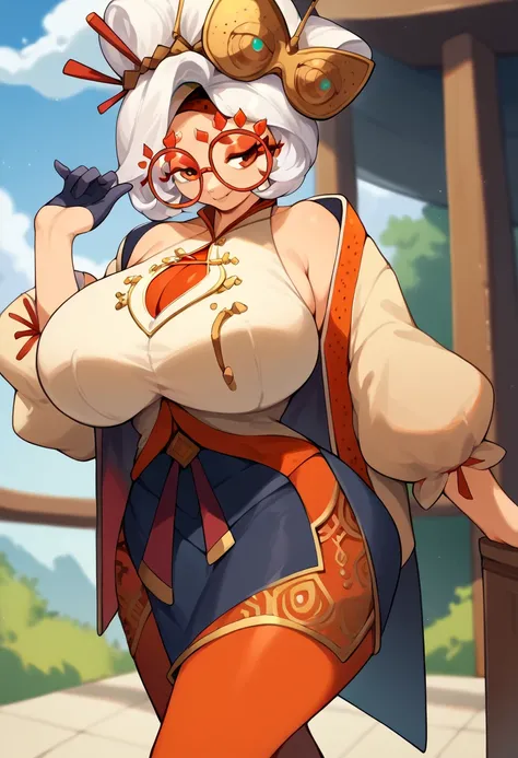 score_9, score_8_up, score_7_up, score_6_up, score_5_up, score_4_up, (source_anime), purah,
1girl,  huge breasts, narrow waist, thick thighs,  hair ornament, red headband, red glasses, sleeveless shirt, white coat, black skirt, red leggings, gloves, high h...