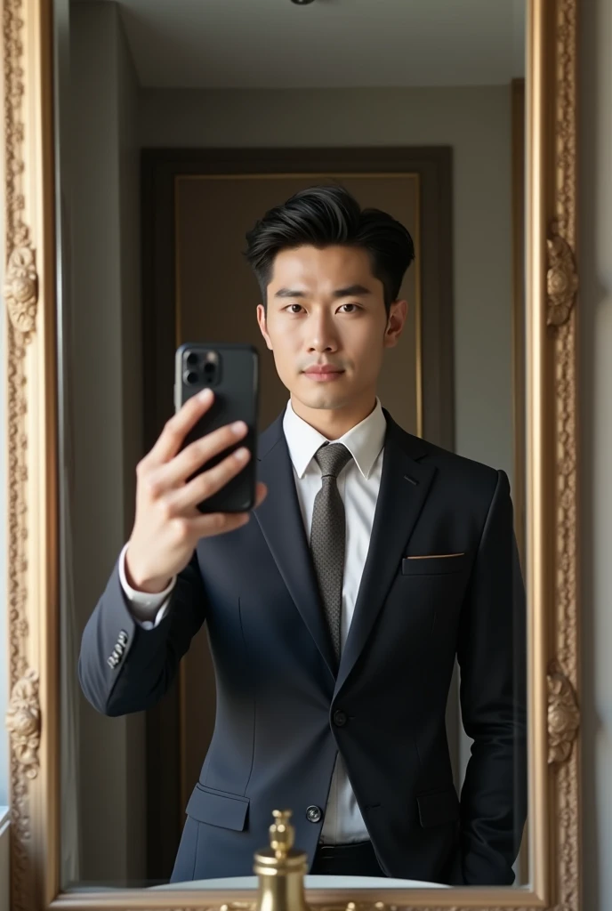  a handsome Korean man  ,  is taking a selfie in front of the mirror , holding a black iphone 11  ,  high resolution 