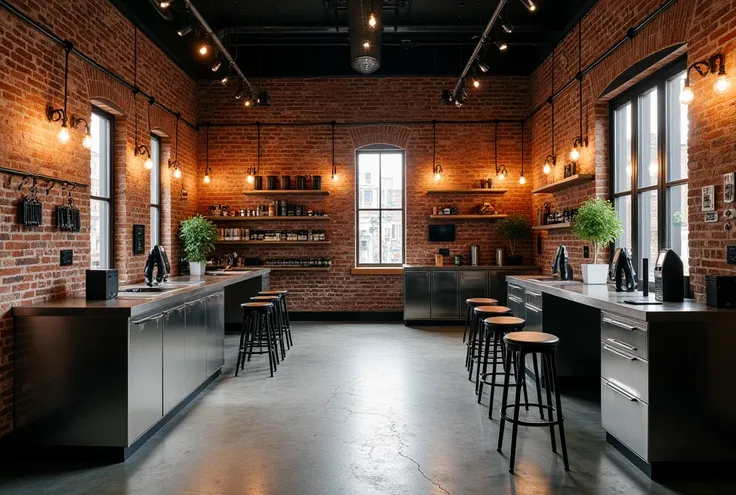 1.  Modern industrial style phone shop design,  raw brick walls , concrete floor ,  light from industrial light bulbs , metal shelves ,  stainless steel material , open space.  Use interior details such as metal tables and chairs ,  iron cabinet shelves , ...