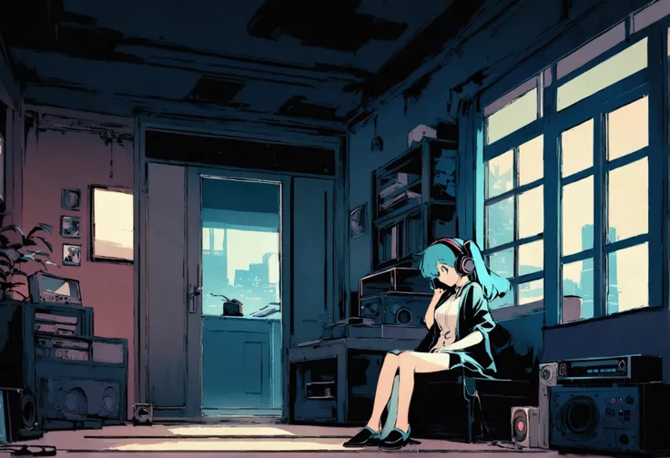 Hatsune Miku is listening to music with headphones。A one-room apartment with soft light coming in through the window and a beautiful night view、A vintage wave and cyberpunk atmosphere spreads。A 2D art style with added noise like a movie、Old anime-style tex...