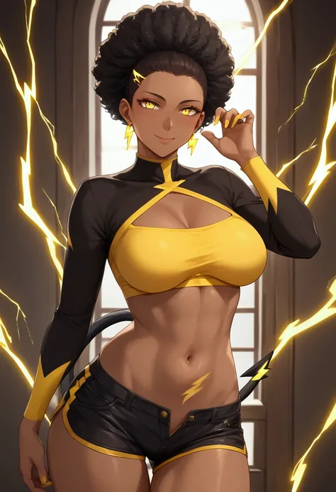 ((Electric Type)) ((Extremely Detailed curvy thick slim fit figure)) ((Extremely Detailed window with Yellow thunderstorm in the background)) ((Extremely Detailed round sexy butt)) ((Extremely Detailed big beautiful beast)) ((Extremely Detailed Beautiful D...