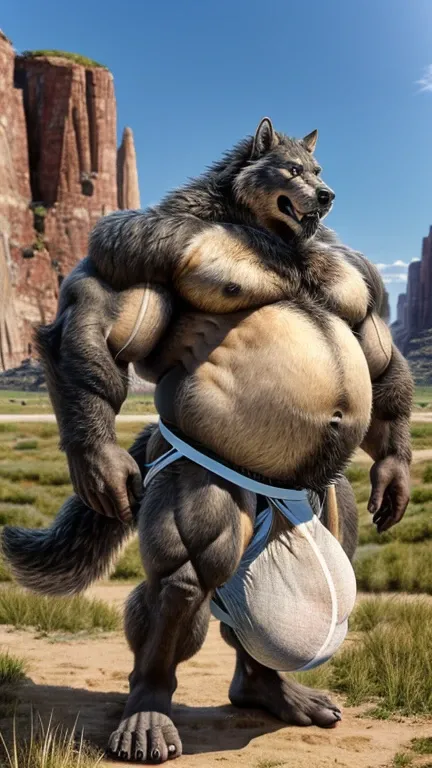 Shirtless fat male gray wolf beast man。Huge belly。 huge muscles。
(jockstrap:1.5)。( extremely huge bulge :1.5)。
barefoot。grassland。
Precise depiction。Maximum number of pixels。 highest resolution。 Best Picture Quality 。 of a shirtless fat male is properly fo...