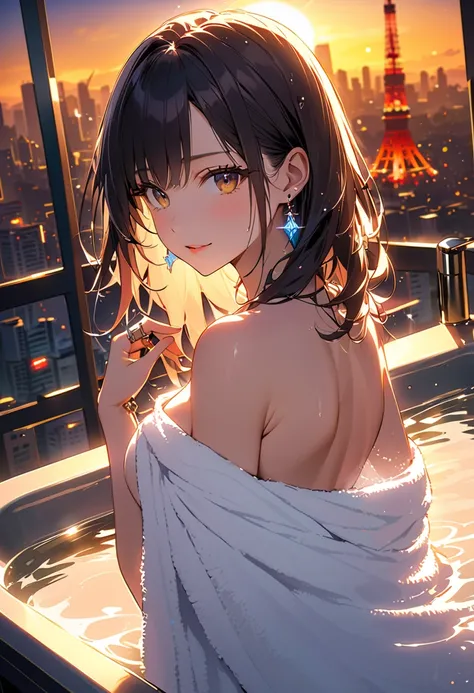 masterpiece,best quality,ultra detailed,high resolution,16k ,  1 girl,  black long hair by lla, earrings,  bathroom、Skyscrapers in the background、 Tokyo tower 、 night view、bewitching、coquettish、Tempting sensuality、 wet 、( backlit:1.5)、bath towel、 take a ba...