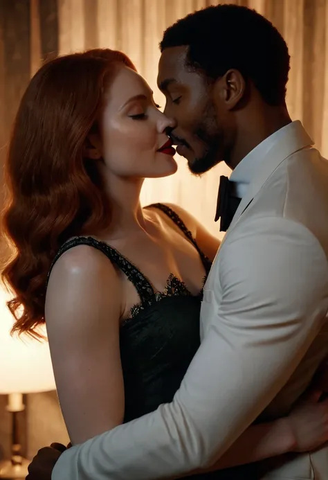 Caucasian actress Karen Gillan and African American actor Rege-Jean Page share a steamy and passionate kiss inside a bedroom lit only by candlelight. Both are clothed lightly for the bedroom. Both look happy and in love with each other. Karen has lovely ma...