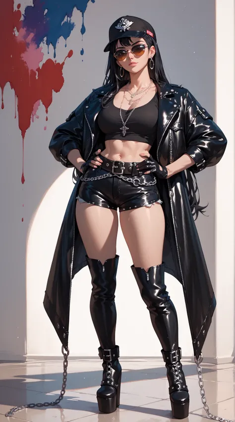 Full body painting　cap black short leather jacket　 Necklaces 　 black leather hotpants 　 thick belt　 extra long platform thigh-high boots　Black gloves　 Necklaces 　 large belt buckle　Tall, long-legged woman　Chain wallet 　Long black hair　 sunglasses　Hands on ...