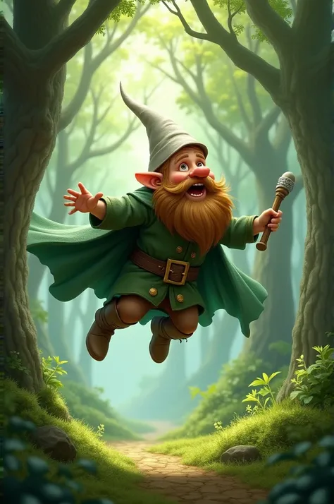 A dwarf in a green cloak and a white cone hat and flying through the forest with a stick