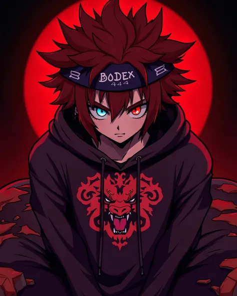 Anime boy with Reddish-blue hair,badass jawline, glowing eye wearing cargo pant and wearing black hoodie on which roaring  angry 🦁 lion os printed and wearing black head band on which 𝓑𝓞𝓓𝓔𝓧𝓩 444 written in meon Reddish-White colourAnime boy with Reddish-bl...