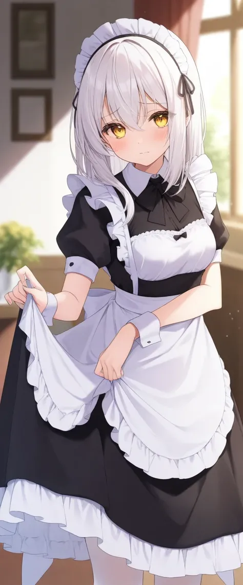  maid suit,  cute ,  shy , long white hair, flushing,  yellow eyes, female