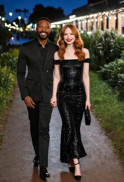 A full shot of Caucasian actress Karen Gillan and African American actor Rege-Jean Page enjoying an evening stroll. Both are smiling. Both look happy and in love with each other. Both are dressed attractively for a night on the town. Karen wears a sparkly ...