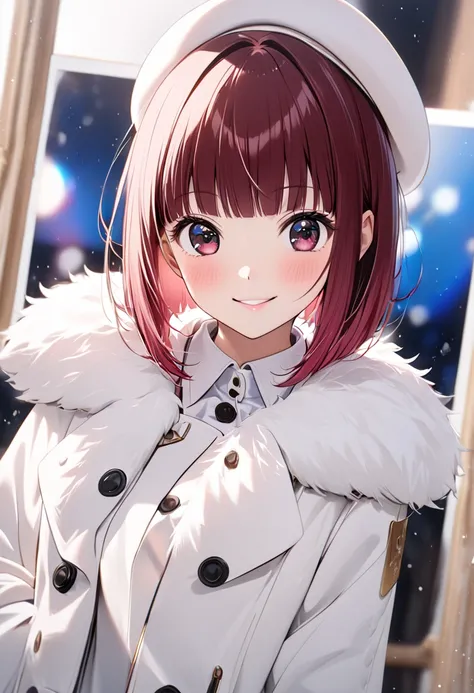 1girl, arima kana, beret , White Fur coat, smile, blush, photograph, photo, raw,cowboy shot 