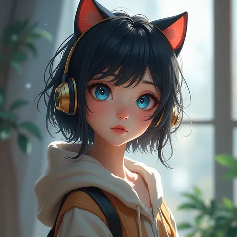 The girl is standing.,  blue eyes ,Cat headphones, 