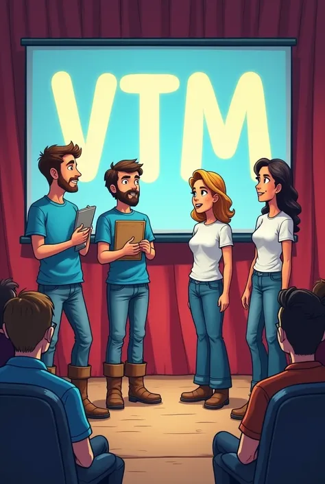  Cartoon style On a simple stage ,  two young men without beards are dressed in jeans ,  blue t-shirts and work boots .  One of them holds a drawing board while talking . Next to them,  two women wearing white t-shirts ,  wide jeans and work boots wrapped ...