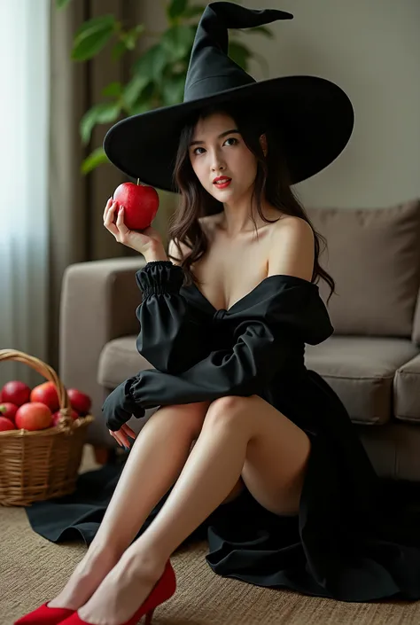 /I A beautiful Korean woman wearing a black witch hat and red high heels, sitting on the floor with an apple in her hand. A basket of apples is beside the chair, set against a modern living room background. The photography style features high resolution, n...