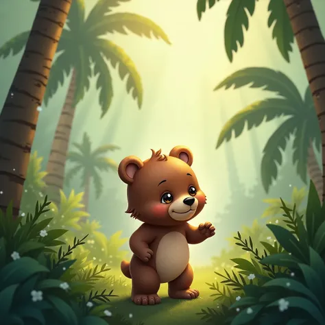 cute bear baby in the jungle in the morning  