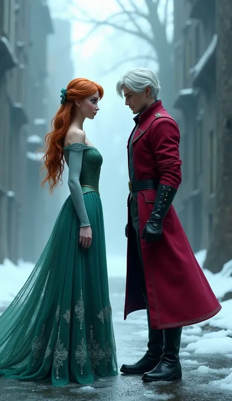 "Anna from Frozen standing in front of Dante from Devil May Cry, facing him. Anna wears her iconic green dress with intricate patterns and black boots, her long red hair flowing and her fair skin glowing softly. Dante is in his signature red trench coat, b...