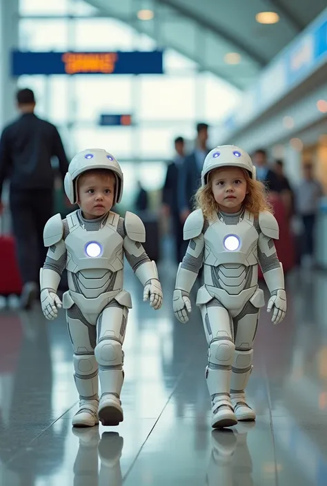  A boy and a girl aged 2, wears white ironman costume , walking together ,airport room background ,man walking ,bright light,realistic image,HD quality,full anggle