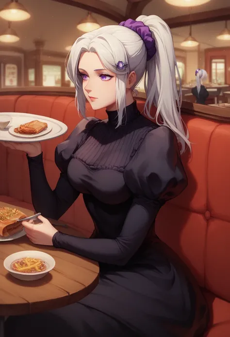 1girl, solo, hair ornament, purple eyes, ponytail, scrunchie, hair scrunchie, parted bangs, sidelocks, white hair,long sleeves, dress, puffy sleeves, black dress, juliet sleeves, turtleneck dress, sitting, restaurant, table