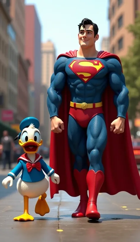 Donald Duck walking side by side with the ultra-realistic Super Man 