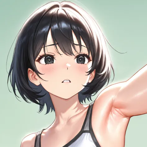 (masterprice, HDR, 2k, High Resolution) 1girl, solo, a cute girl, short hair, black hair, black eyes, hypnotized expression, (armpits, armpit crease, armpits detailed) detailed skin, anime art, Anime Style, Anime, Simple background.